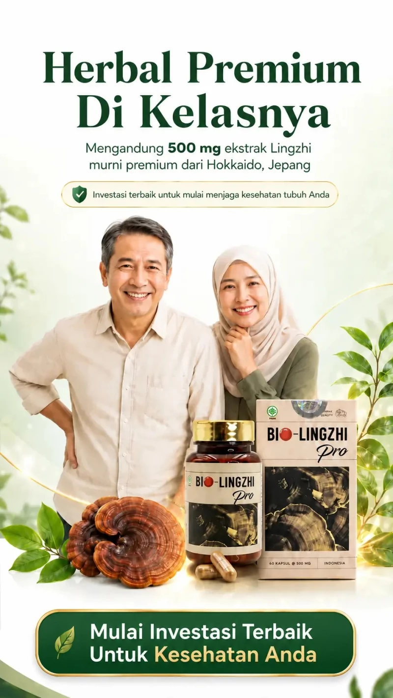 Bio Lingzhi Pro — herbal premium mengandung 500 mg ekstrak Lingzhi murni dari Hokkaido, Jepang. Satu botol berisi 60 kapsul @ 500 mg.
