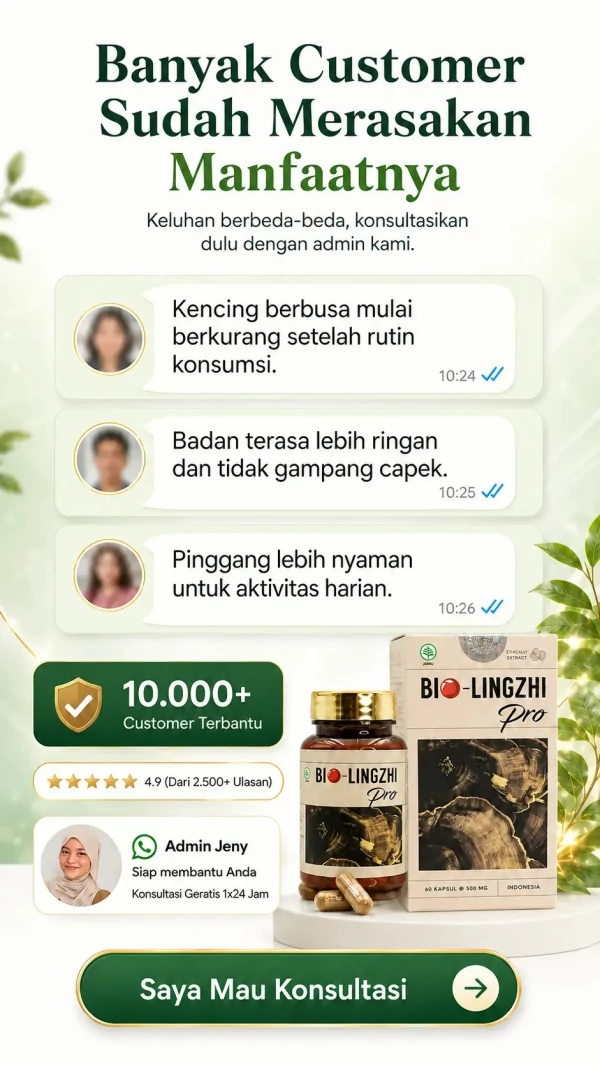 Cerita pelanggan setelah rutin mengonsumsi Bio Lingzhi Pro, beserta keterangan layanan konsultasi gratis bersama Admin Jeny.