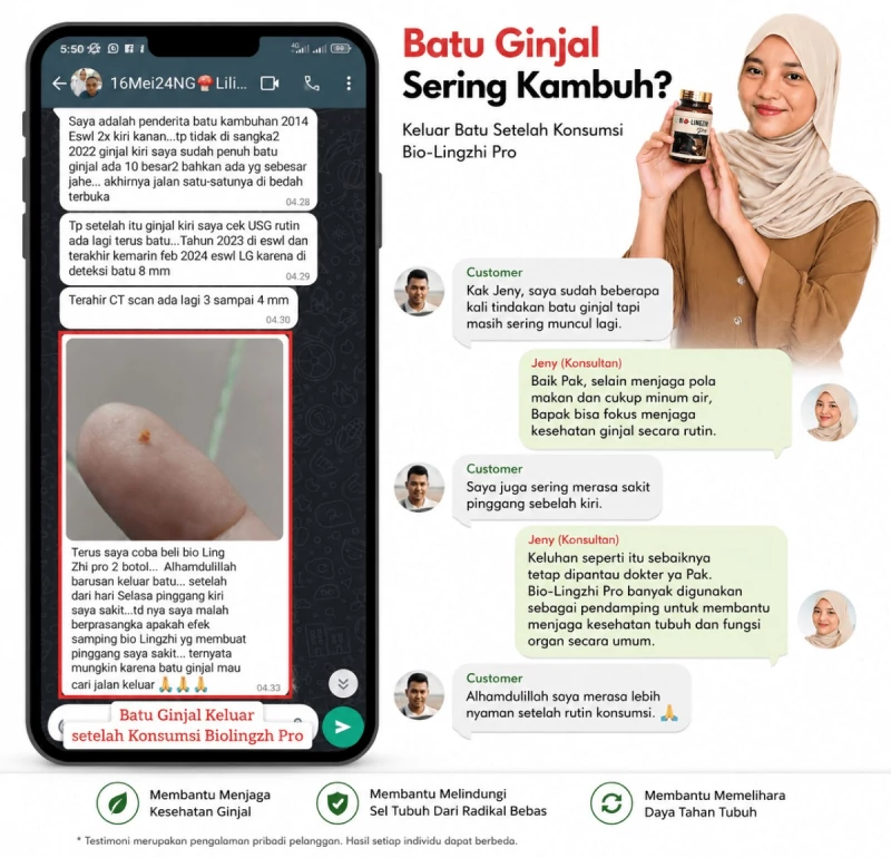 Tangkapan layar percakapan WhatsApp seorang pelanggan yang bercerita tentang pengalamannya selama mengonsumsi Bio Lingzhi Pro.