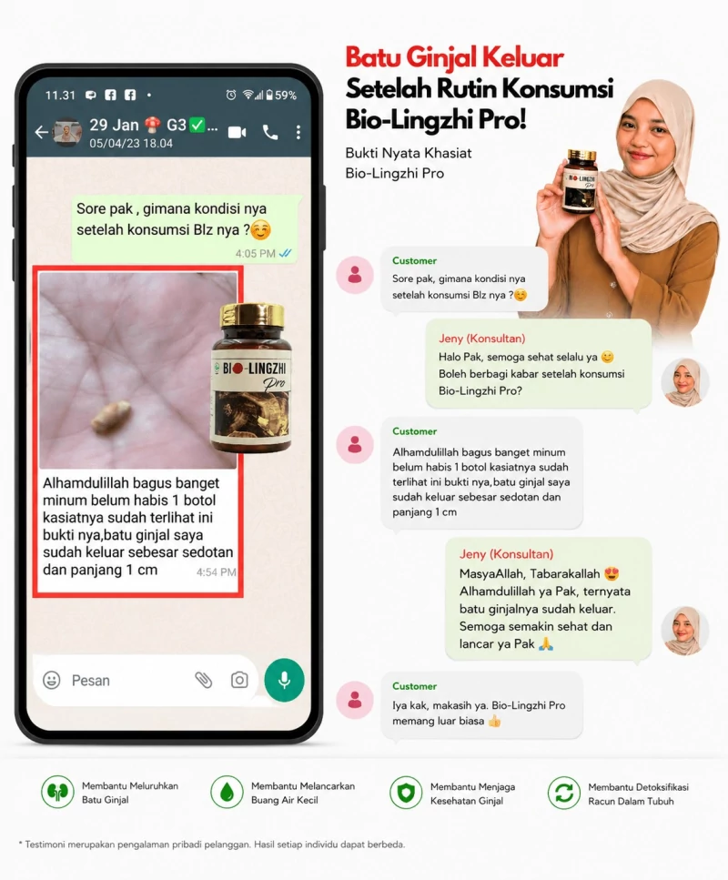 Tangkapan layar percakapan WhatsApp pelanggan yang membagikan perkembangannya setelah rutin mengonsumsi Bio Lingzhi Pro.