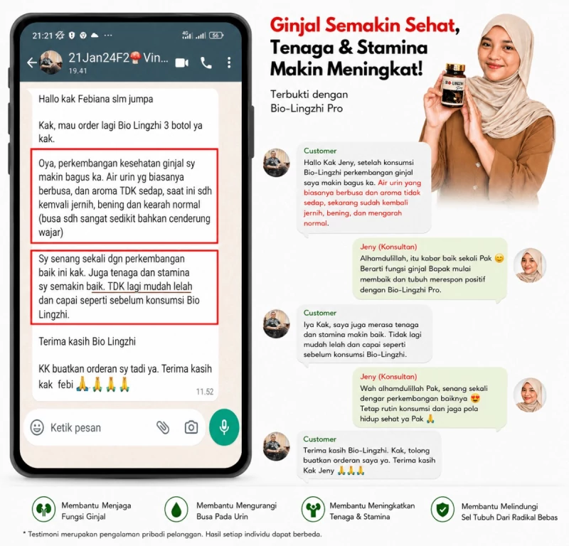 Tangkapan layar percakapan WhatsApp pelanggan yang menceritakan tenaga dan staminanya selama rutin mengonsumsi Bio Lingzhi Pro.