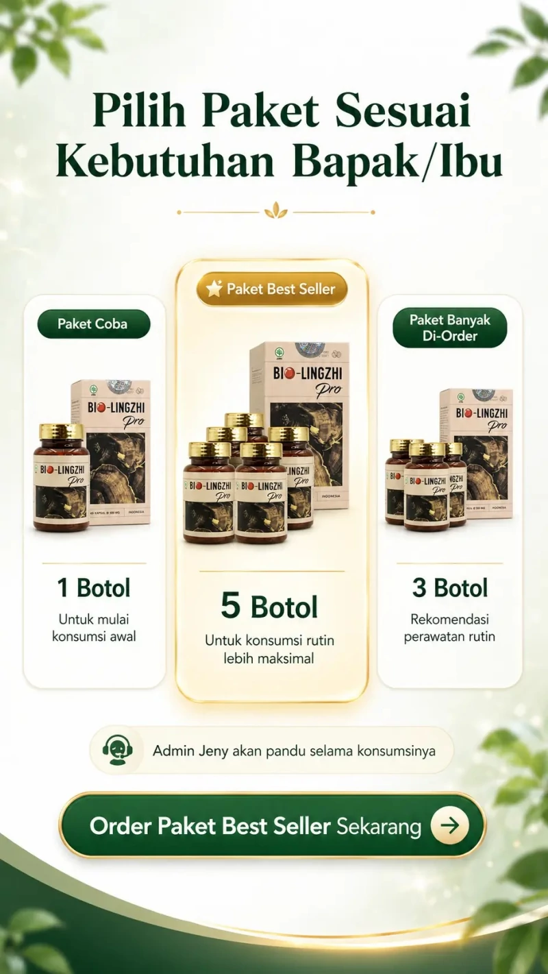 Pilihan paket Bio Lingzhi Pro: 1 botol untuk mulai konsumsi awal, 3 botol untuk perawatan rutin, dan 5 botol sebagai paket terlaris untuk konsumsi rutin lebih maksimal. Admin Jeny memandu selama masa konsumsi.
